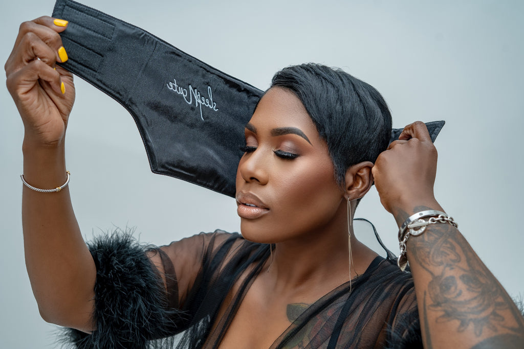 Close view of the Sleep N Cute satin headwrap being wrapped around a short hairstyle